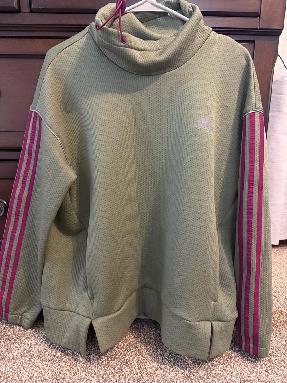 adidas Olive Green Waffle Funnel Neck Sweatshirt with Pink Sleeve Stripes